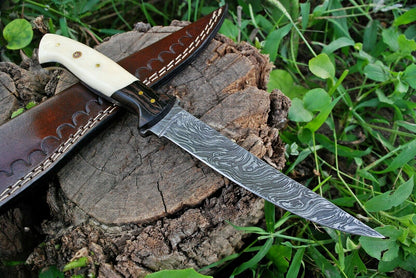 Custom Handmade Damascus Steel Fillet Knife with Wenge Wood and Bone Handle - 11-inch Overall Length"