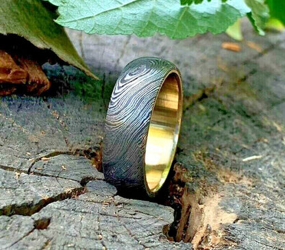 Custom Damascus Steel Anniversary Ring with Brass Inlay