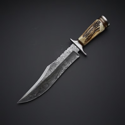 Heritage Hunter: Bowie Knife with Twist Damascus Steel Blade, Antler Horn Handle, and Leather Sheath