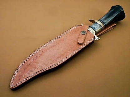 Wilderness Guardian: Bowie Knife with Twist Damascus Steel Blade, Bone Handle, Brass Guards, and Leather Sheath