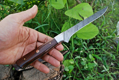 Custom Handmade Damascus Steel Fillet Knife with Rose Wood and Steel Bolster Handle