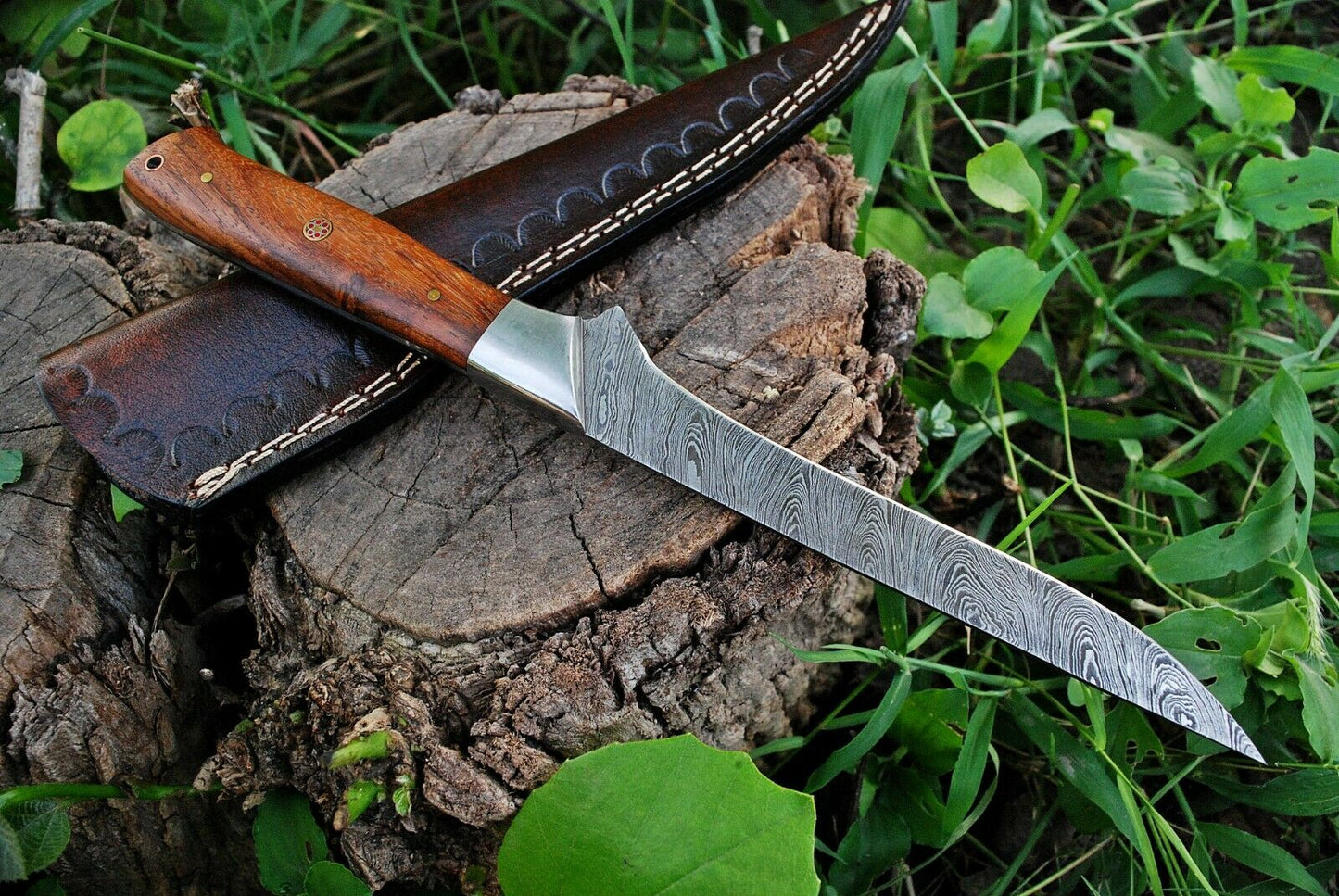 Custom Handmade Damascus Steel Fillet Knife with Rose Wood and Steel Bolster Handle