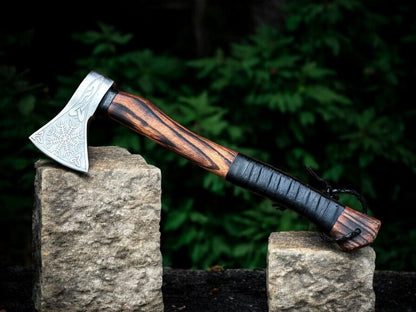 Battle Axe with Custom Handmade Forged Engraved 1095 Steel Blade and Ash Wood Handle – Warrior's Edge