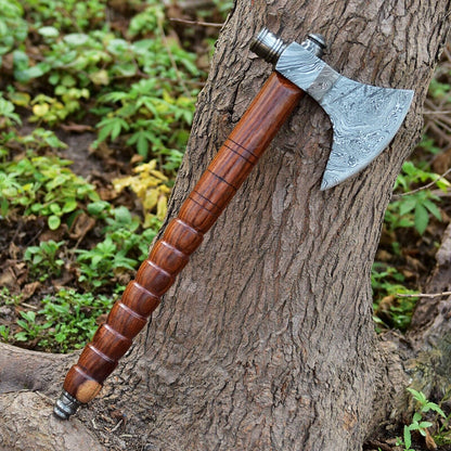 Native American Smoking Tomahawk with Custom Handmade Forged Damascus Steel Blade – "Spirit of the Pipe"