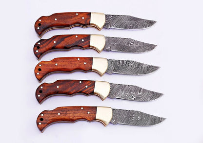 LOT OF 5 HANDMADE DAMASCUS STEEL FOLDING KNIVES