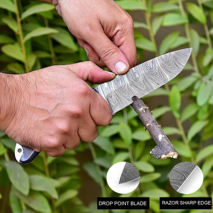 Wilderness Guardian: Hunting Knife with Twist Damascus Steel Blade, Micarta G10 Handle, and Leather Sheath