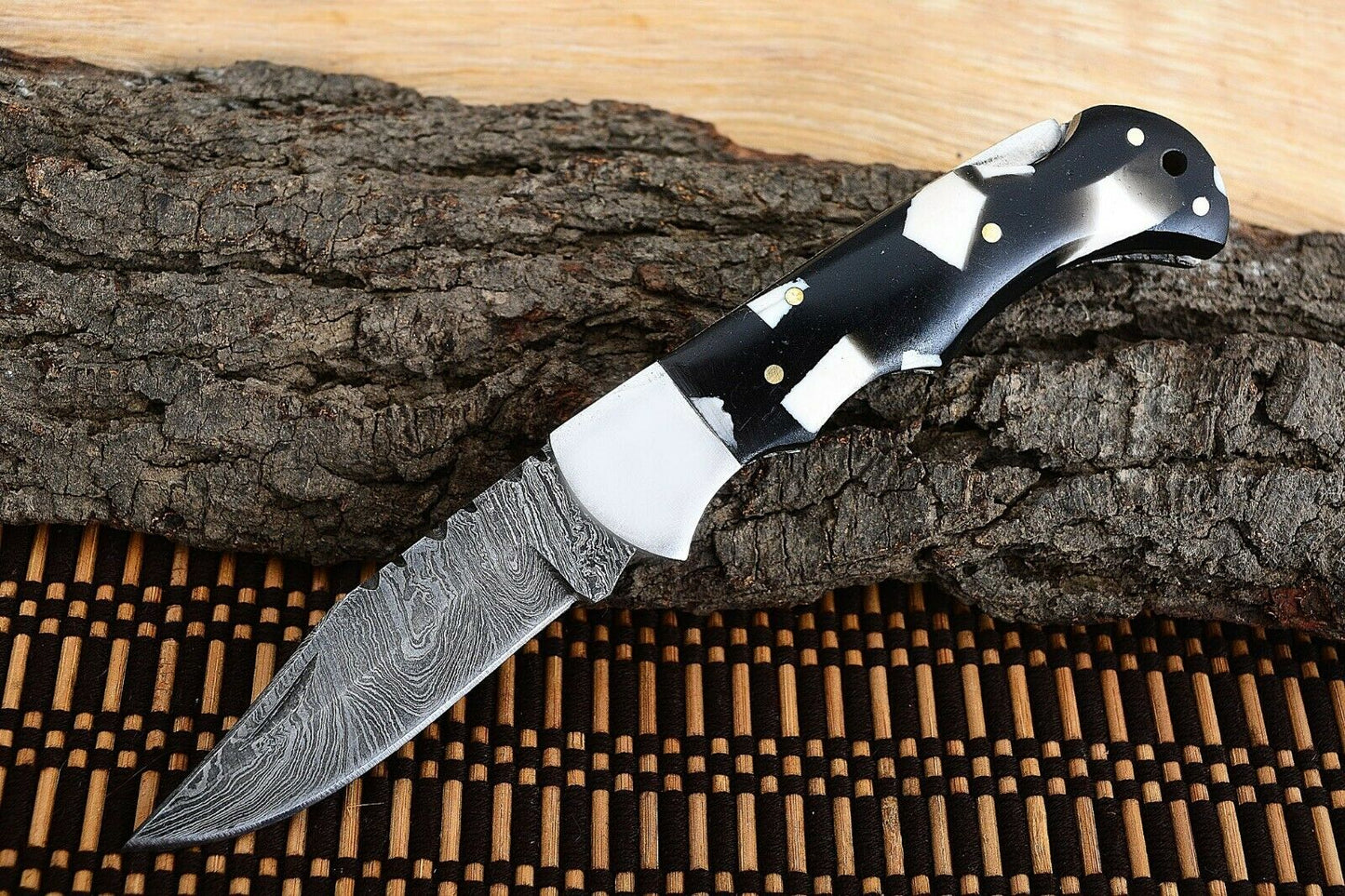 Best Folding Pocket Knife with Black and White Epoxy Resin and Steel Bolster Handle, 3-inch Blade Length