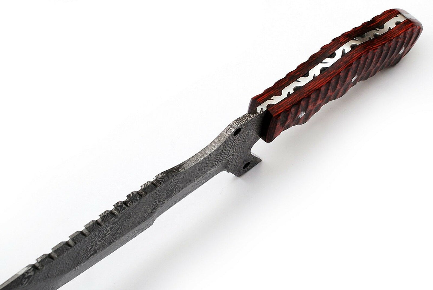 Custom Handcrafted Damascus Steel Tanto Tracker Knife - 11.5" Exotic Color Wood Handle with Horizontal Leather Sheath | Survival, Camping, Tactical | KBS Knives