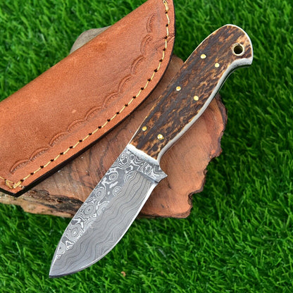 Custom Handmade Damascus Steel Skinning Knife with Stag Horn Handle and Leather Sheath - 7 Inches by KBS Knives Store