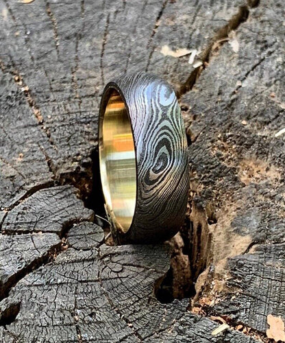 Custom Damascus Steel Anniversary Ring with Brass Inlay