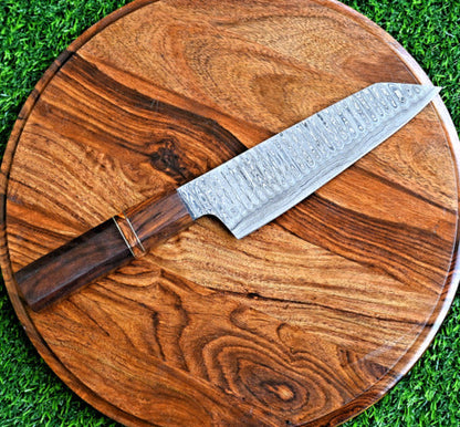 Artisan Edge: Custom Handmade Santoku Knife with Damascus Steel Blade, Rosewood Handle, and Leather Roll