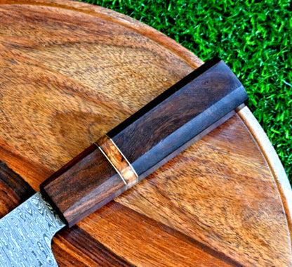 Artisan Edge: Custom Handmade Santoku Knife with Damascus Steel Blade, Rosewood Handle, and Leather Roll