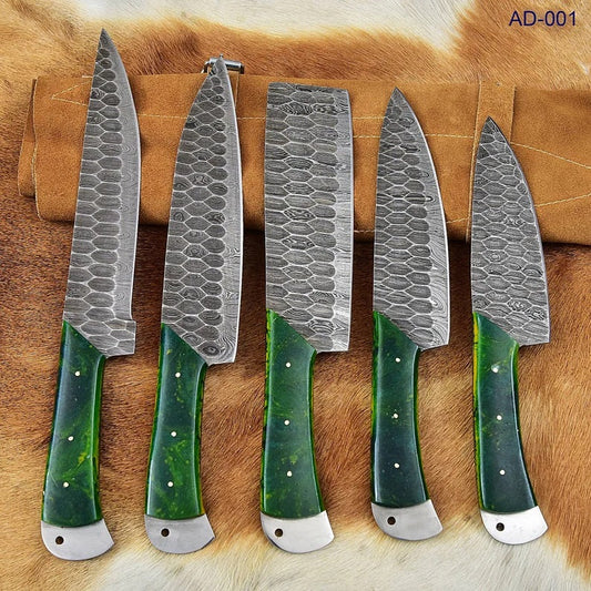 Custom Handmade Damascus Knife Set Kitchen - 5 Pieces