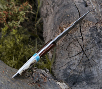 Thunder Damascus Gut Hook Knife with Stag Horn, Wenge Wood & Turquoise Handle