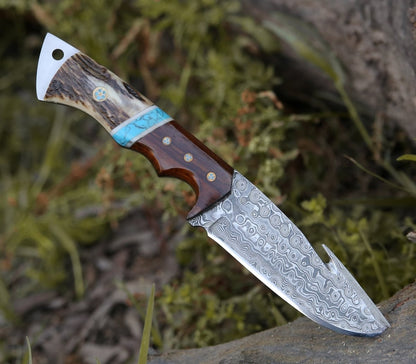 Thunder Damascus Gut Hook Knife with Stag Horn, Wenge Wood & Turquoise Handle
