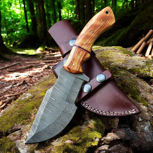 Handmade Tom Brown Tracker Knife with Damascus Steel Blade & Olivewood Handle – 10" Overall Length