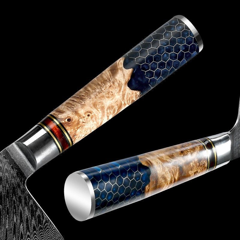Yamato VG10 Damascus Cleaver Knife with Exotic Olive Wood & Honeycomb Composite Handle