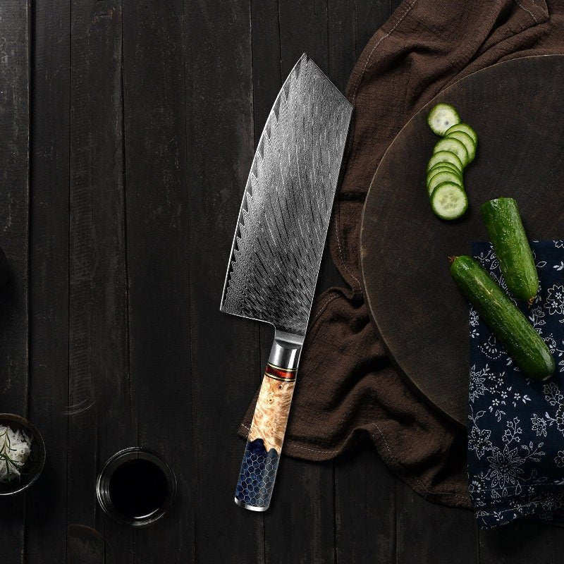 Yamato VG10 Damascus Cleaver Knife with Exotic Olive Wood & Honeycomb Composite Handle