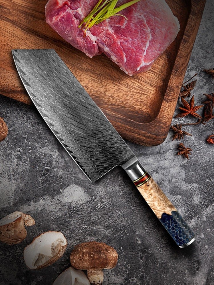 Yamato VG10 Damascus Cleaver Knife with Exotic Olive Wood & Honeycomb Composite Handle
