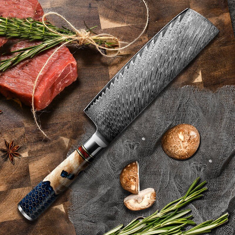 Yamato VG10 Chef Knife Damascus Nakiri Knife with Exotic Olive Wood & Honeycomb Resin Handle
