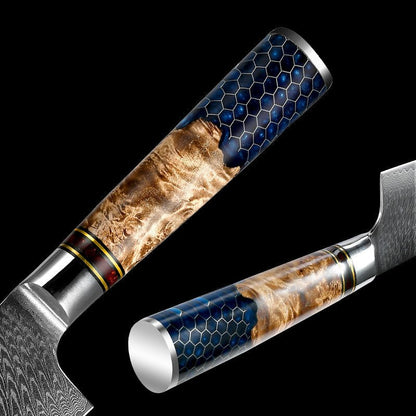 Yamato VG10 Chef Knife Damascus Nakiri Knife with Exotic Olive Wood & Honeycomb Resin Handle